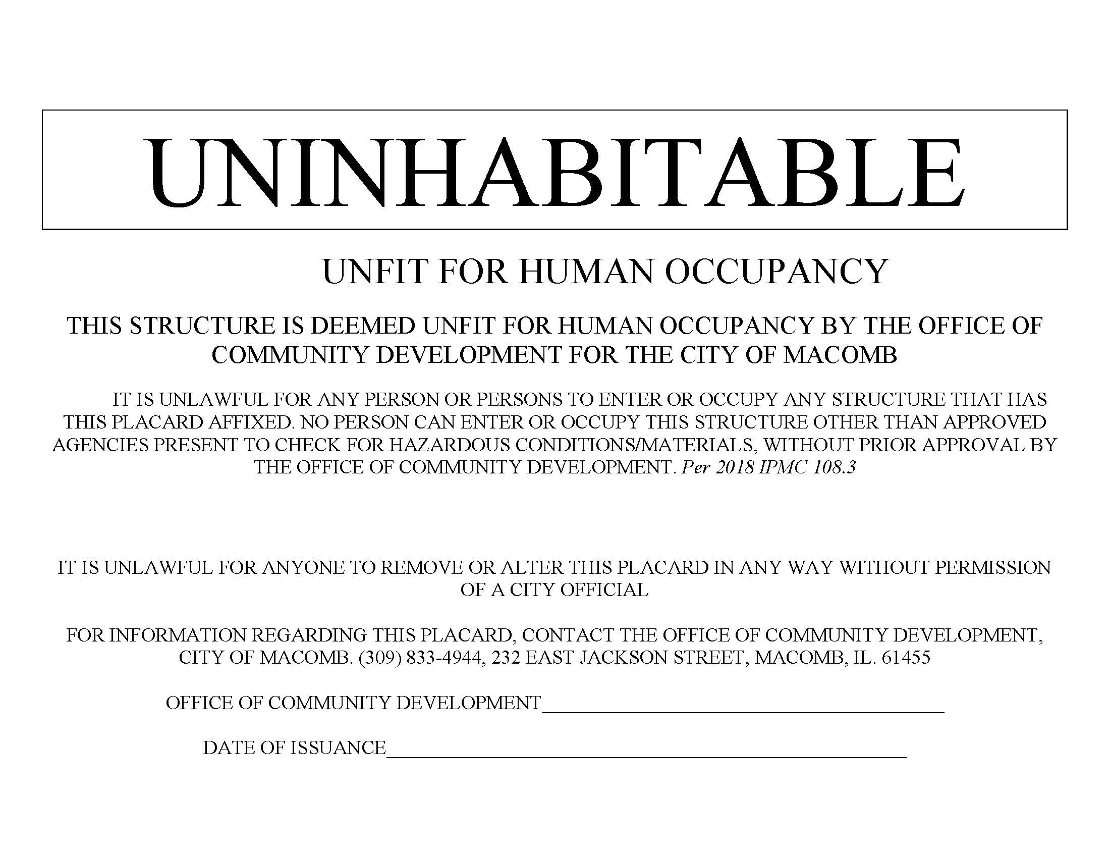 UNINHABITABLE UNFIT FOR HUMAN OCCUCPY