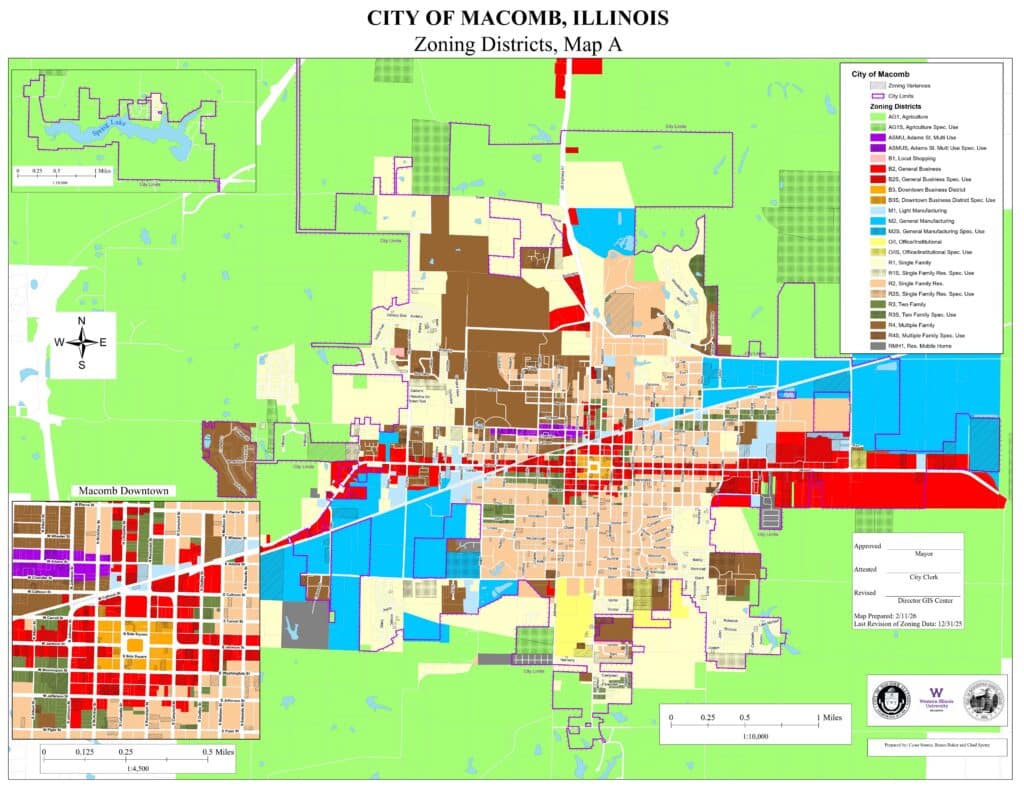 Zoning map of Macomb, Illinois showing various color-coded districts, a detailed downtown inset, major streets, a legend explaining land use categories, and scale bars. North is indicated with a compass rose.
