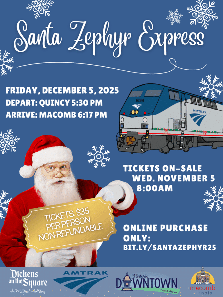 Event poster for the Santa Zephyr Express train ride. Features Santa holding a $35 ticket sign, an Amtrak train, snowflakes, and details for a Dec 5, 2025 ride from Quincy to Macomb. Ticket info and purchase link included.