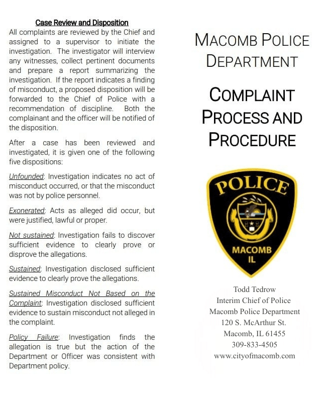 A flyer from the Macomb Police Department detailing their complaint process and procedure, with definitions for terms like unfounded, not sustained, exonerated, sustained, and policy failure. Includes contact information.