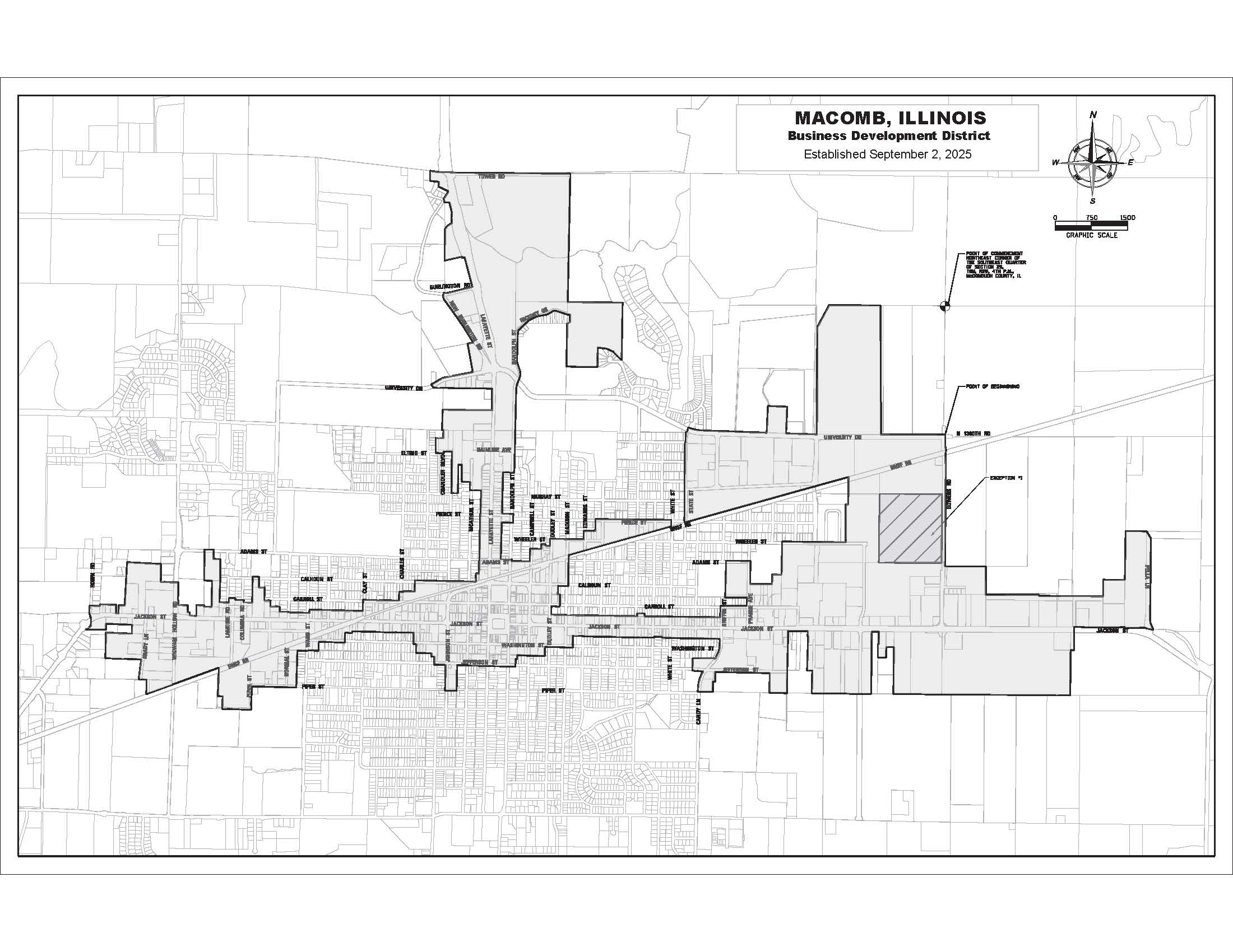 Black and white map showing the boundaries of the Business Development District in Macomb, Illinois, with labeled streets, shaded areas, and a north arrow for orientation. Map title and establishment date appear in the top right corner.