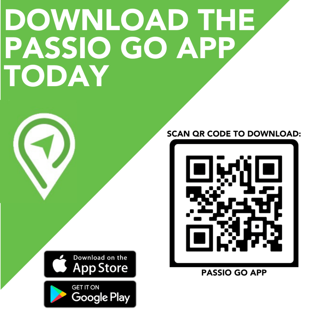 Green and white graphic promoting the Passio Go app, featuring a QR code, the Passio Go logo, and download buttons for the App Store and Google Play. Text reads: Download the Passio Go app today.