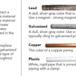 A guide showing four types of water pipes: lead (dull silver-gray, easily scratched), galvanized (dull silver-gray, not magnetic), copper (copper-colored), and plastic (white, rigid, joined with a clamp).