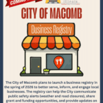 Flyer announcing City of Macomb’s upcoming Business Registry launch in spring 2026, showing an illustrated storefront and text about improved business communication and updates. Website: www.cityofmacomb.com.