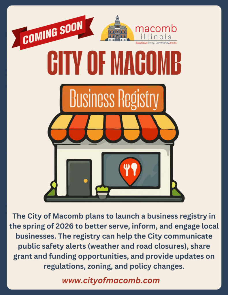Flyer announcing City of Macomb’s upcoming Business Registry launch in spring 2026, showing an illustrated storefront and text about improved business communication and updates. Website: www.cityofmacomb.com.