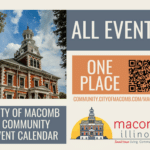 Graphic for the City of Macomb Community Event Calendar with an image of a historic building, a QR code, and web link for all events. Includes Macomb, Illinois logo and slogan Small-town living. Community driven.