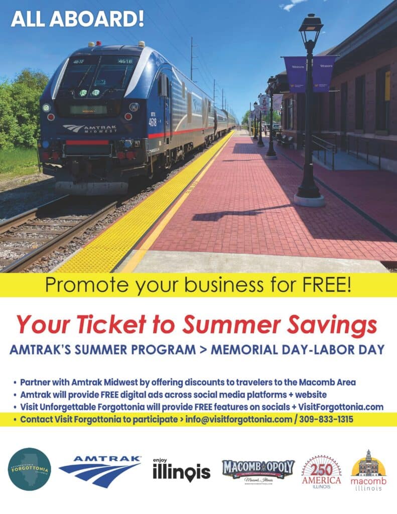 A passenger train at a station with ALL ABOARD! above. Text promotes Amtraks summer program, offering free digital ads, social features, and business promotion in Macomb, Illinois. Contact details are listed below.