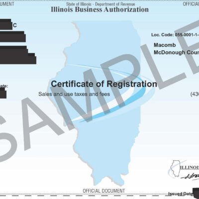 Sample Illinois Business Authorization Certificate of Registration document showing approval for sales and use taxes and fees, with a blue Illinois state outline, blacked-out personal info, and SAMPLE watermark.