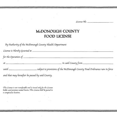 A blank McDonough County Food License form with spaces to fill in licensee details, location, and dates, issued by the McDonough County Health Department. Text and lines are surrounded by a double-line border.