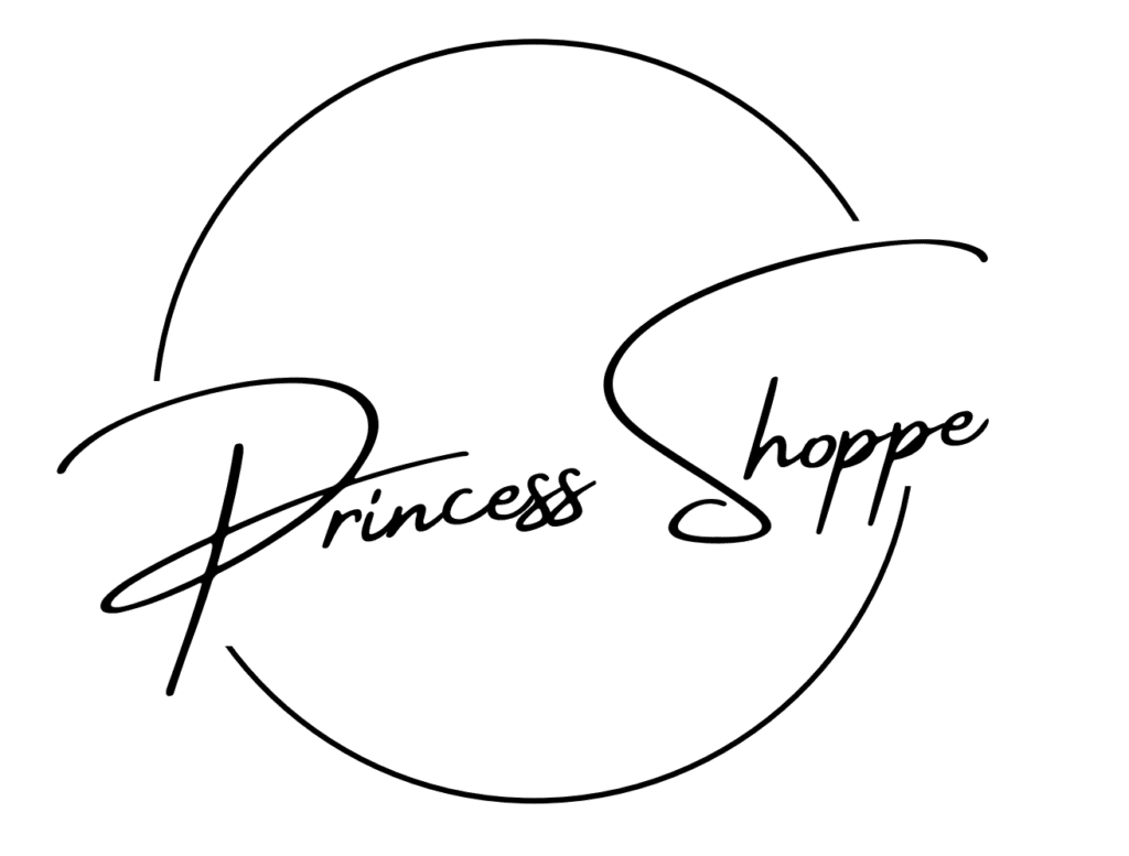 Black cursive text reads Princess Shoppe over a simple, thin, black oval outline on a white background. The S in Shoppe is large and stylized, framing part of the text.