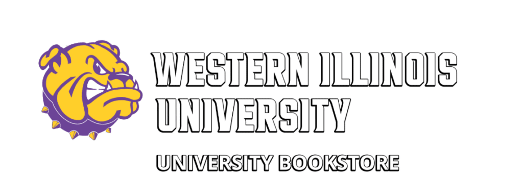 Western Illinois University logo with a fierce yellow and purple bulldog mascot on the left, and bold text reading Western Illinois University and University Bookstore to the right.