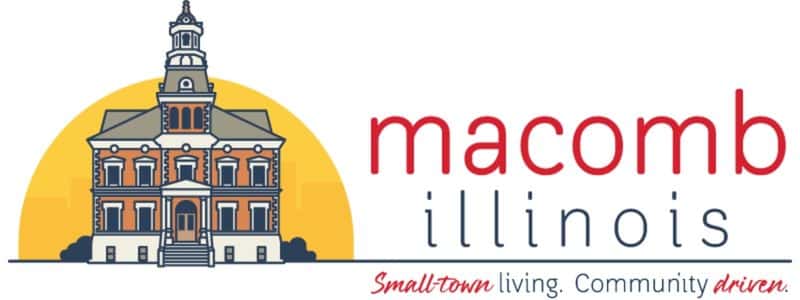 Illustration of a historic building with a dome, a yellow semicircle background, and text: macomb illinois. Small-town living. Community driven.