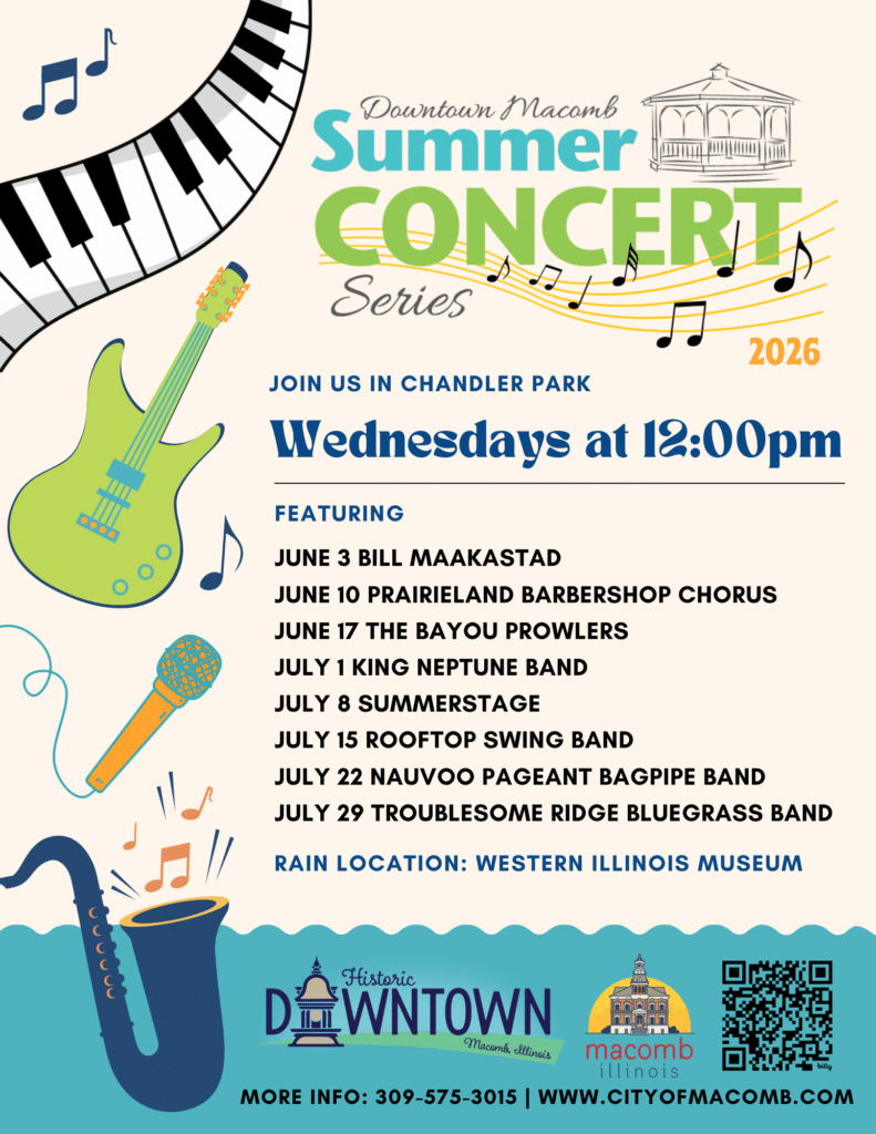 Colorful flyer for the Downtown Macomb Summer Concert Series 2026. Concerts are Wednesdays at noon in Chandler Park. Includes a guitar, saxophone, piano keys, concert dates, and featured bands. Logos at the bottom.