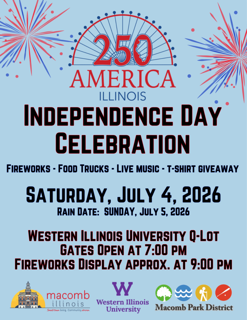 Independence Day celebration poster with fireworks and event details for July 4, 2026, at Western Illinois University. Includes food trucks, live music, t-shirt giveaway, and fireworks at 9 PM. Sponsors logos at the bottom.