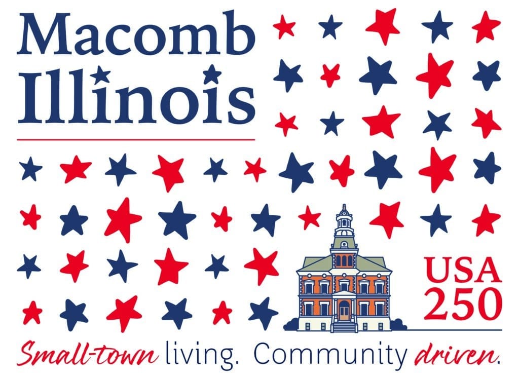 Logo for Macomb, Illinois featuring red and blue stars, an illustration of a courthouse, and the phrases Small-town living. Community driven. and USA 250.