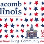 Logo for Macomb, Illinois featuring red and blue stars, an illustration of a courthouse, and the phrases Small-town living. Community driven. and USA 250.