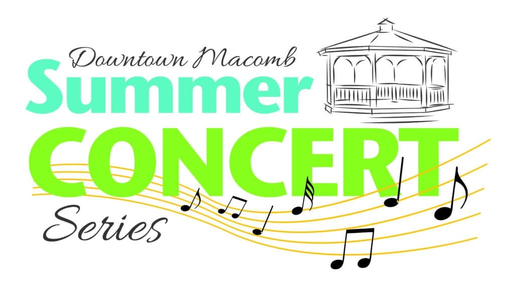 Logo for the Downtown Macomb Summer Concert Series with a gazebo sketch, music notes on yellow lines, and bold green text for Summer Concert.