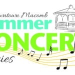 Logo for the Downtown Macomb Summer Concert Series with a gazebo sketch, music notes on yellow lines, and bold green text for Summer Concert.
