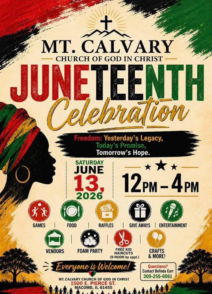 Colorful Juneteenth celebration flyer for Mt. Calvary Church, featuring event details, time (June 13, 2026, 12–4 PM), activities (games, food, raffles, entertainment), and bold red, green, and gold graphics.