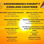 Yellow flyer titled McDonough County Cooling Centers lists locations and hours for cooling centers, including health department, churches, library, city hall, and stores, with the county health department and public health logos.