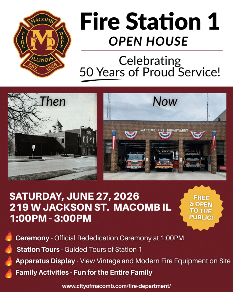 Flyer for Macomb Fire Station 1 Open House, celebrating 50 years of service. Includes then-and-now photos, event details for June 27, 2026, with tours, displays, and family activities. Event is free and open to the public.