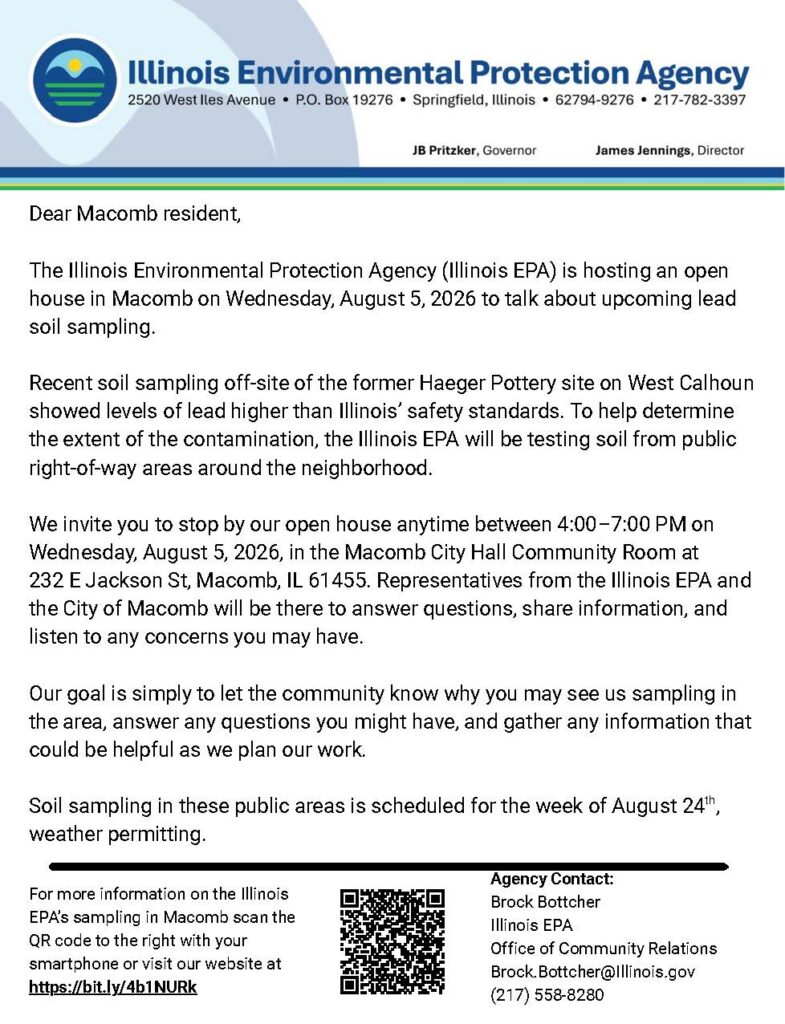 A flyer from the Illinois EPA announces an open house in Macomb on August 5, 2026, about upcoming lead soil sampling. It details meeting info, contact details, and resources for residents.