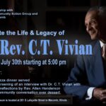 A dignified older man in a suit sits smiling by a window. Text beside him promotes a July 30th event honoring Dr. Rev. C.T. Vivian, with dinner, a screening, reflections, and dessert at Western Illinois Museum.