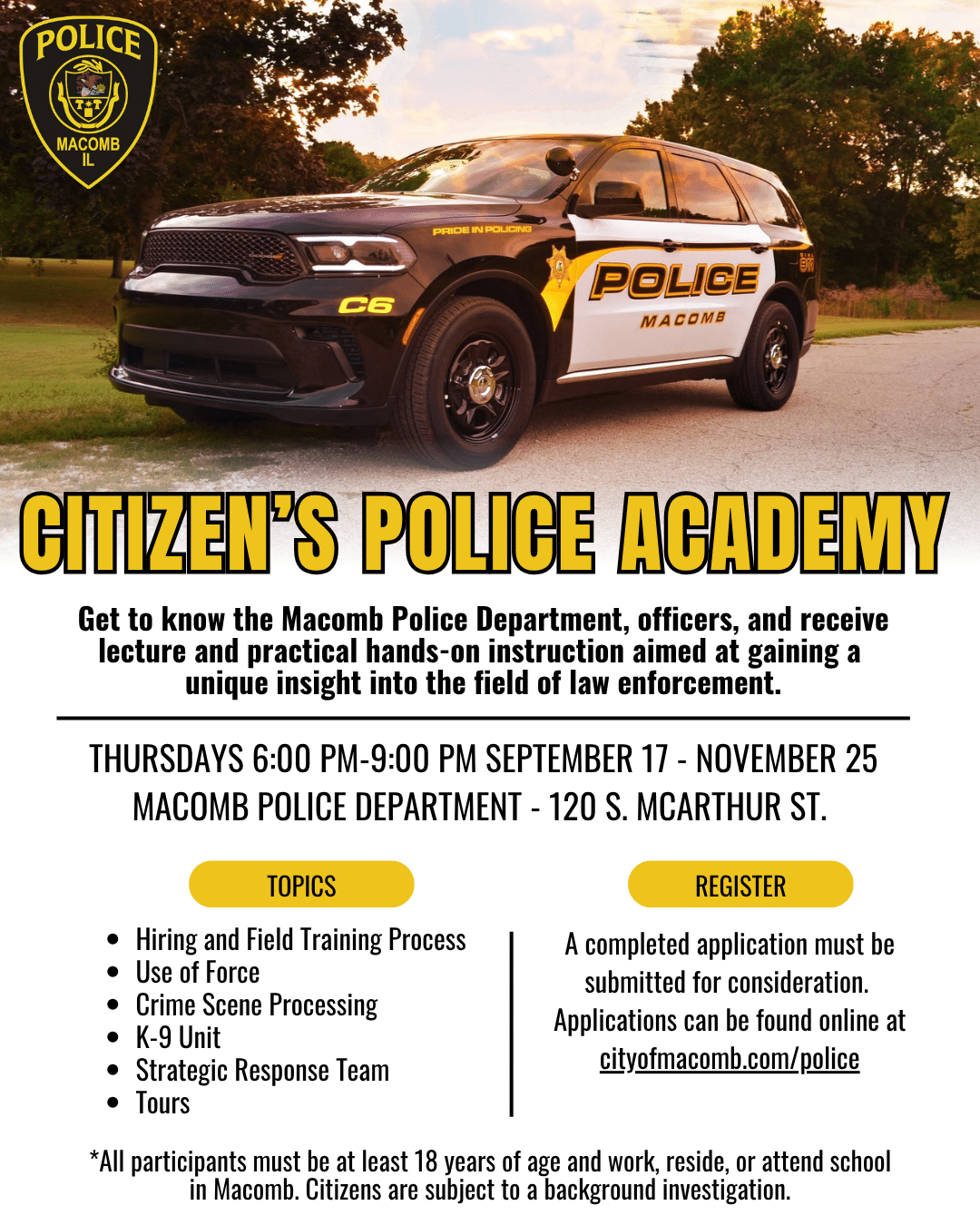 A Macomb Police SUV is parked on grass; text promotes the Citizen’s Police Academy, offering classes and activities from Sept 17 to Nov 25 at the Macomb Police Department. Application details and requirements are included.