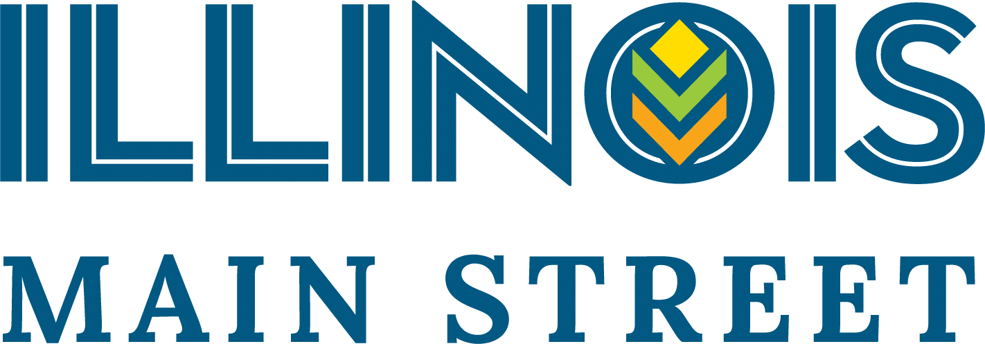 Illinois Main Street logo with stylized blue ILLINOIS text, the O containing four colored chevrons (blue, green, yellow, orange). MAIN STREET is written below in blue capital letters.