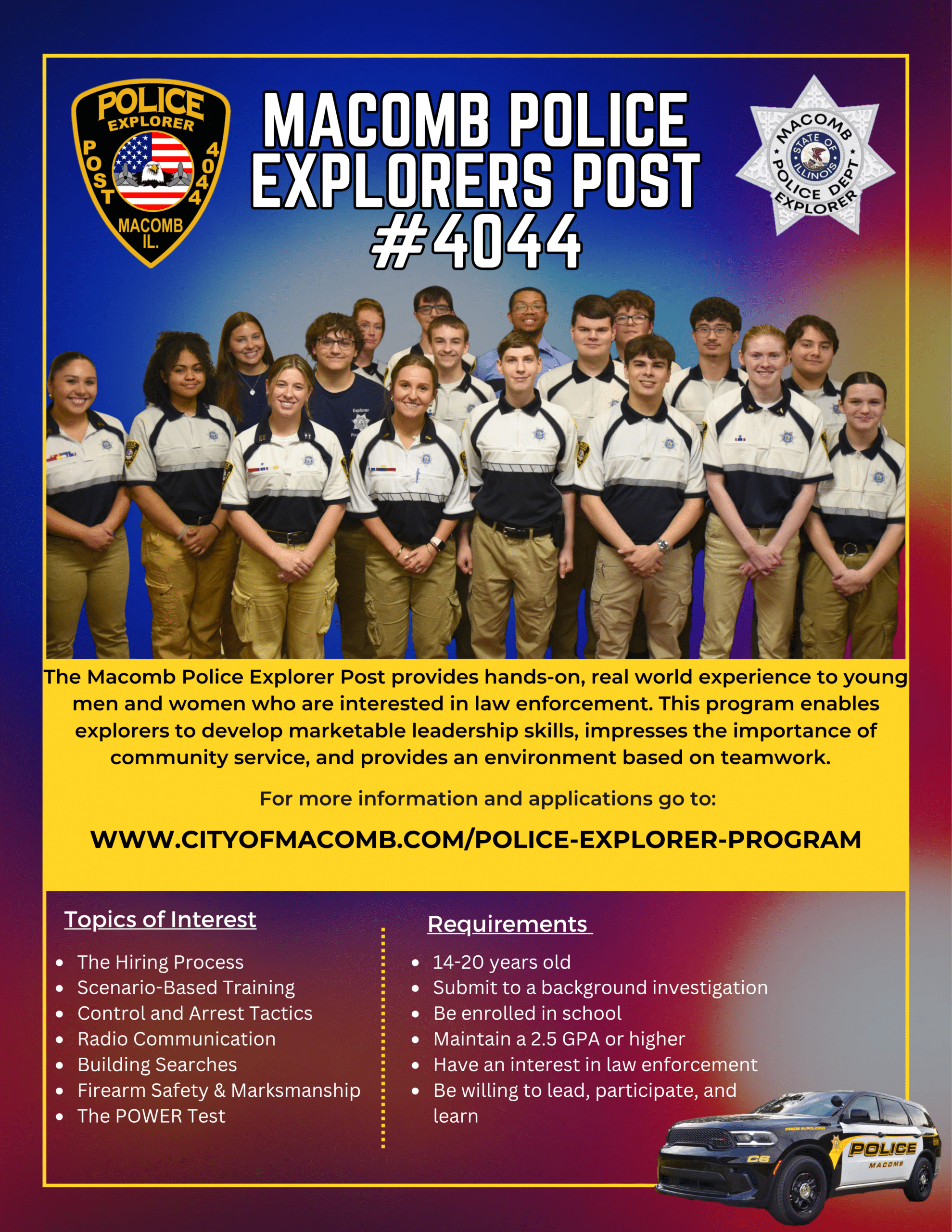 A group of teens in uniform pose with two police officers for a promotional flyer about Macomb Police Explorers Post #4044. Yellow text and program details are displayed on a blue and purple background.