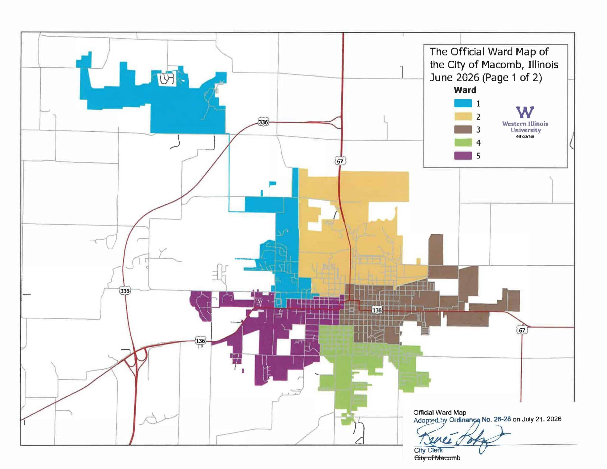 Map of Macomb, Illinois, divided into five colored wards, labeled 1 to 5, with streets and highways shown. Title, legend, and signature are included in the top right and bottom areas.