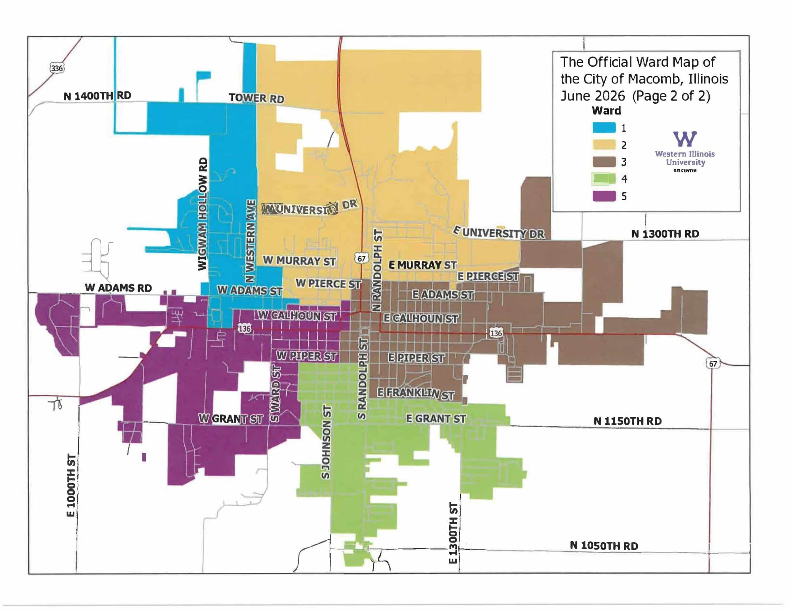 A color-coded ward map of Macomb, Illinois, shows five wards with labeled streets and a legend indicating each wards color and number. Western Illinois University is marked within Ward 4.