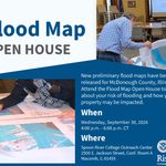 People look at large flood maps on tables at an open house event. Event details and FEMA Risk MAP logos are visible, inviting the public to view new McDonough County, IL flood maps on September 30, 2026.