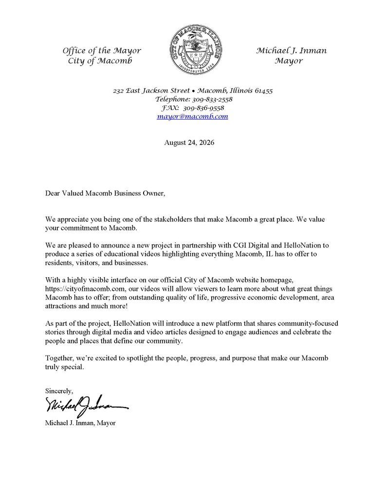 Letter from the Mayor of Macomb, Michael J. Inman, dated August 24, 2026, announcing a partnership with CGI Digital and HelloNation to create educational videos about the city on the official Macomb website.